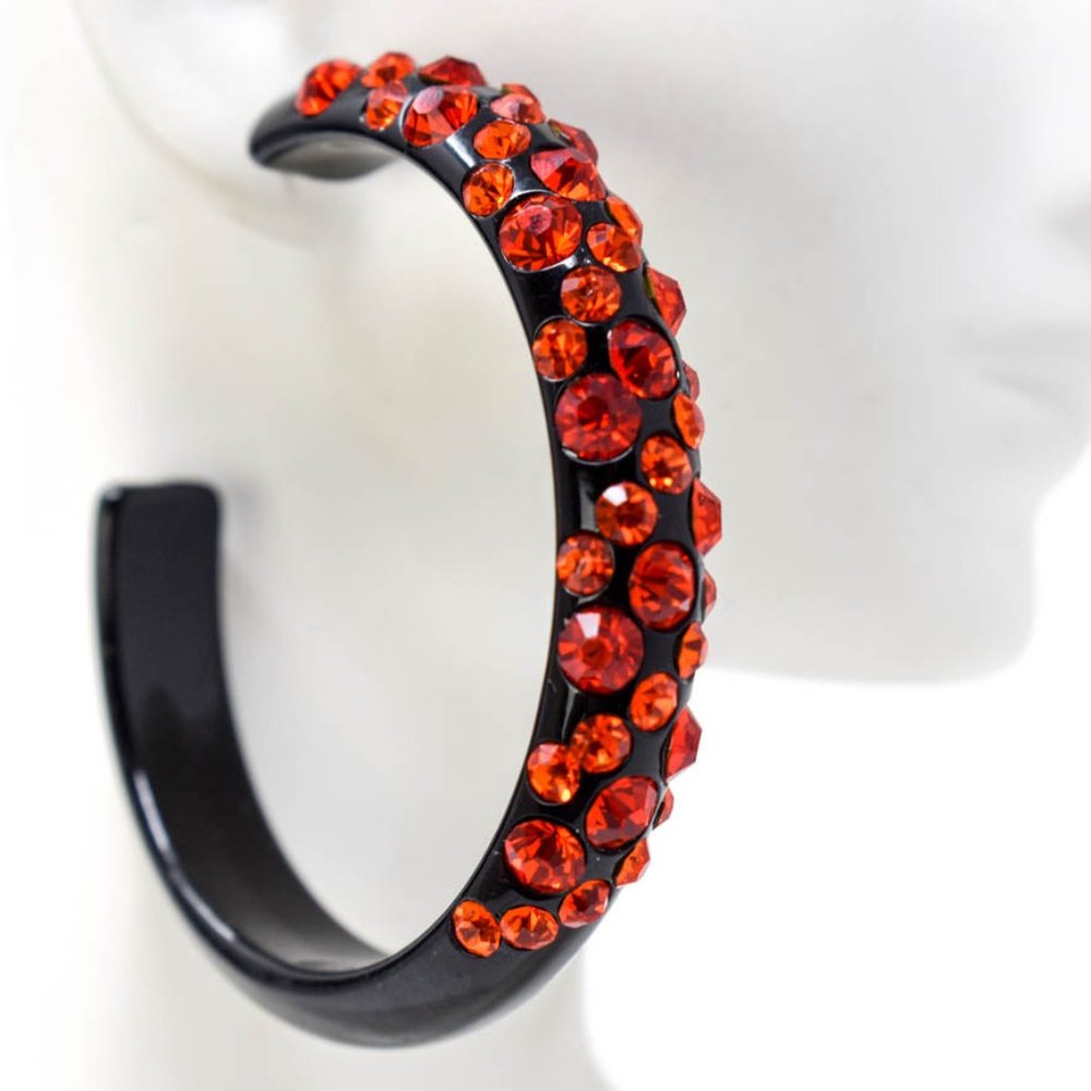 2.5" Black Hoops Red/Orange Rhinestone Earrings